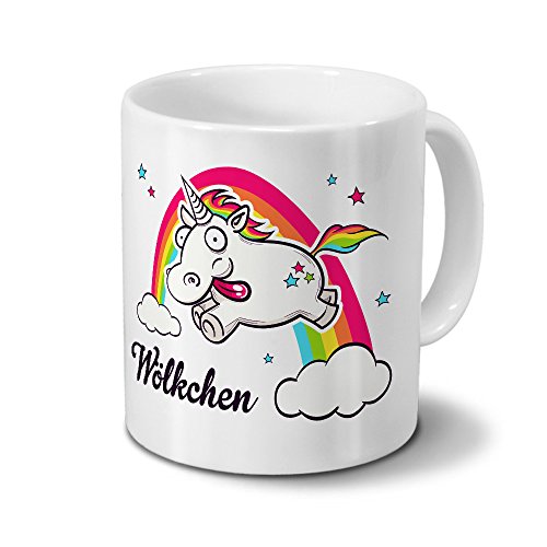 printplanet Tasse mit Namen Wölkchen - Motiv Verrücktes Einhorn - Namenstasse, Kaffeebecher, Mug, Becher, Kaffeetasse - Farbe Weiß von printplanet