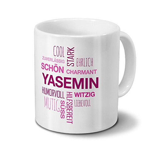 printplanet Tasse mit Namen Yasemin Positive Eigenschaften Tagcloud - Pink - Namenstasse, Kaffeebecher, Mug, Becher, Kaffeetasse von printplanet