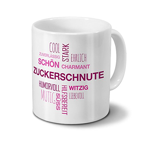 printplanet Tasse mit Namen Zuckerschnute Positive Eigenschaften Tagcloud - Pink - Namenstasse, Kaffeebecher, Mug, Becher, Kaffeetasse von printplanet
