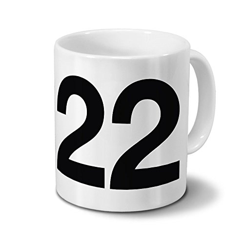 printplanet Tasse mit der Zahl 22" - Motiv Numbers - Trend, Modern, Kaffeebecher, Mug, Becher, Kaffeetasse - Farbe Weiß von printplanet