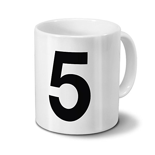 printplanet Tasse mit der Zahl 5" - Motiv Numbers - Trend, Modern, Kaffeebecher, Mug, Becher, Kaffeetasse - Farbe Weiß von printplanet
