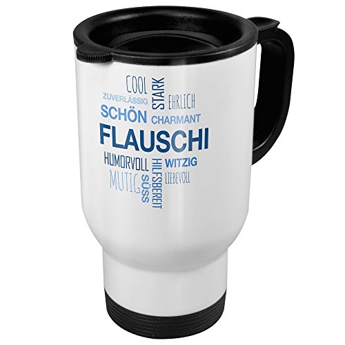 printplanet Thermobecher weiß mit Namen Flauschi - Motiv Positive Eigenschaften (Tag Cloud) - Coffee to Go Becher, Thermo-Tasse von printplanet
