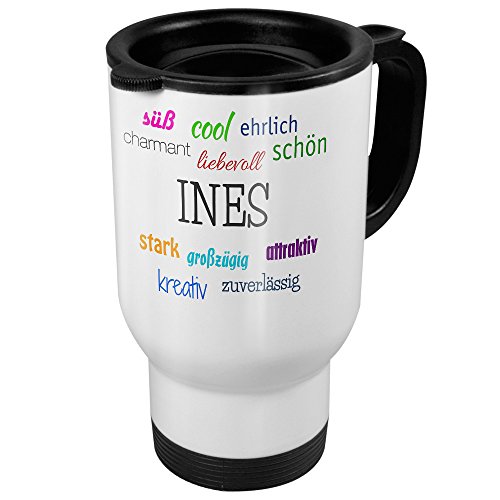 printplanet Thermobecher weiß mit Namen INES - Motiv Positive Eigenschaften - Coffee to Go Becher, Thermo-Tasse von printplanet
