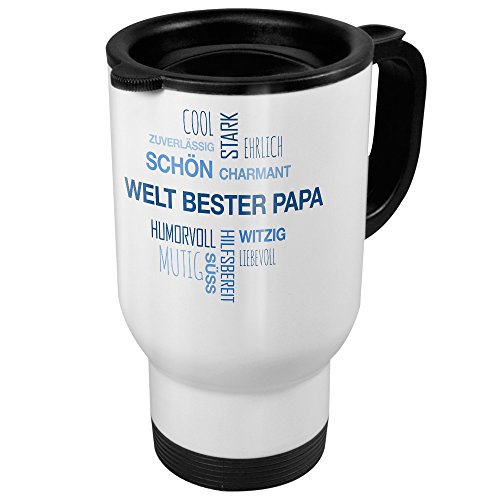 printplanet Thermobecher weiß mit Namen Welt Bester Papa - Motiv Positive Eigenschaften (Tag Cloud) - Coffee to Go Becher, Thermo-Tasse von printplanet