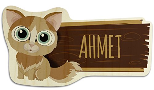 printplanet Türschild aus Holz mit Namen Ahmet - Motiv Katze - Namensschild, Holzschild, Kinderzimmer-Schild von printplanet
