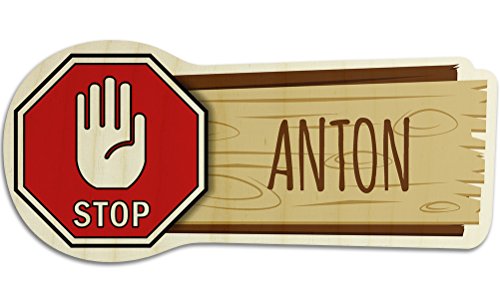 printplanet Türschild aus Holz mit Namen Anton - Motiv Stopschild mit Hand - Namensschild, Holzschild, Kinderzimmer-Schild von printplanet