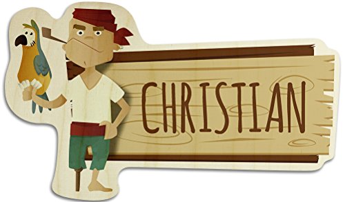 printplanet Türschild aus Holz mit Namen Christian - Motiv Pirat - Namensschild, Holzschild, Kinderzimmer-Schild von printplanet