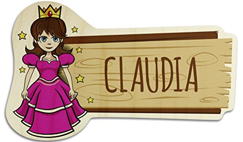 printplanet Türschild aus Holz mit Namen Claudia - Motiv Prinzessin - Namensschild, Holzschild, Kinderzimmer-Schild von printplanet