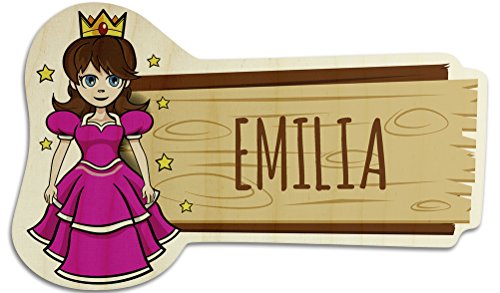 printplanet Türschild aus Holz mit Namen Emilia - Motiv Prinzessin - Namensschild, Holzschild, Kinderzimmer-Schild von printplanet