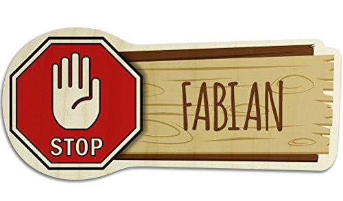 printplanet Türschild aus Holz mit Namen Fabian - Motiv Stopschild mit Hand - Namensschild, Holzschild, Kinderzimmer-Schild von printplanet