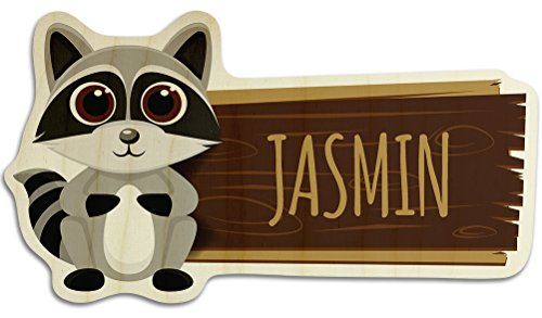 printplanet Türschild aus Holz mit Namen Jasmin - Motiv Waschbär - Namensschild, Holzschild, Kinderzimmer-Schild von printplanet