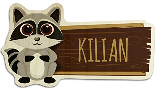 printplanet Türschild aus Holz mit Namen Kilian - Motiv Waschbär - Namensschild, Holzschild, Kinderzimmer-Schild von printplanet