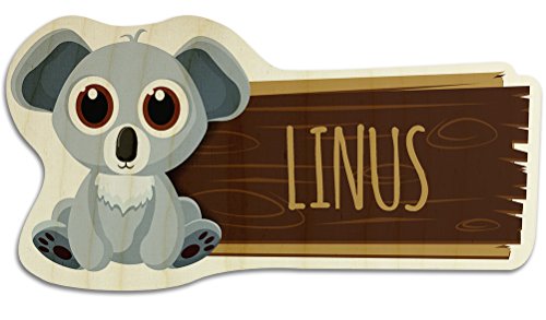 printplanet Türschild aus Holz mit Namen Linus - Motiv Koala - Namensschild, Holzschild, Kinderzimmer-Schild von printplanet