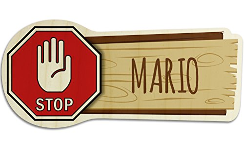 printplanet Türschild aus Holz mit Namen Mario - Motiv Stopschild mit Hand - Namensschild, Holzschild, Kinderzimmer-Schild von printplanet