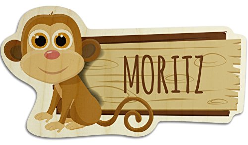 printplanet Türschild aus Holz mit Namen Moritz - Motiv AFFE - Namensschild, Holzschild, Kinderzimmer-Schild von printplanet