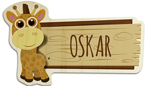 printplanet Türschild aus Holz mit Namen Oskar - Motiv Giraffe - Namensschild, Holzschild, Kinderzimmer-Schild von printplanet