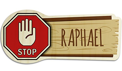 printplanet Türschild aus Holz mit Namen Raphael - Motiv Stopschild mit Hand - Namensschild, Holzschild, Kinderzimmer-Schild von printplanet