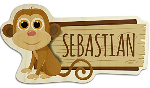 printplanet Türschild aus Holz mit Namen Sebastian - Motiv AFFE - Namensschild, Holzschild, Kinderzimmer-Schild von printplanet
