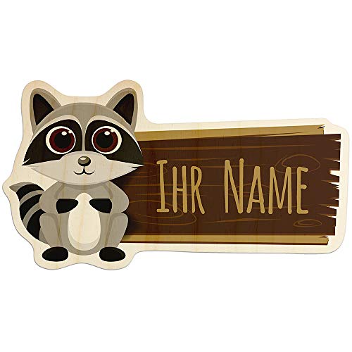 printplanet - Türschild aus Holz mit eigenem Text oder Namen - Namensschild, Holzschild, Kinderzimmer-Schild - Motiv Waschbär von printplanet