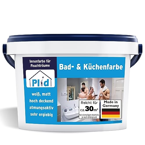 Plid® Bad und Küchenfarbe weiß für alle Wände [STARKER SCHIMMELSCHUTZ] - Anti Schimmelfarbe Innen Weiß für alle Wände - Antischimmelfarbe für Feuchträume & Badezimmer gegen Schimmel - Made in Germany von Plid
