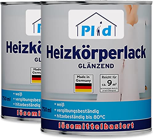 PLID® Heizkörperlack lösemittelhaltig Thermolack Metalllack Heizkörperfarbe Lack Farbe für heizkörperverkleidung schnelltrocknend 2in1 hitzebeständig 80 grad Glänzend Weiß 1,5l von plid