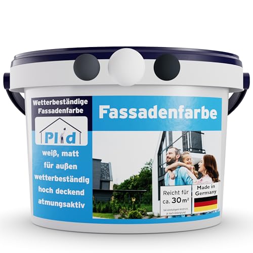 Plid® - Fassadenfarbe Weiss Außen [WETTER & UV-BESTÄNDIG]- Hochwertige Farbe für Mauerwerk, Hauswand, Beton & Kellerwand - Sockelfarbe - Mauerfarbe - Wandfarbe Weiß 5L - Made in Germany von Plid