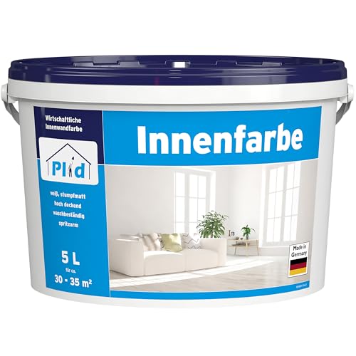 Plid® Design Innenfarbe Weiß 5L [HOHE DECKKRAFT] Design-Colour Weiss - Bunte Farbe Wand - Matte Wandfarbe - Für ca. 30-35 m² in Profi Qualität - Atmungsaktiv & Tropfgehemmt von Plid