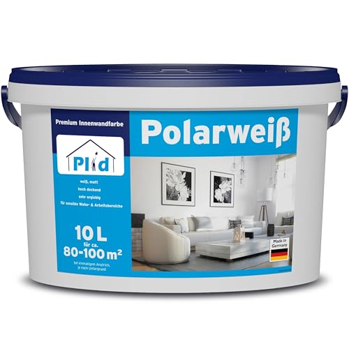 plid® Polarweiß Wandfarbe Weiß matt 10L [HOHE REICHWEITE] - Weiße Wandfarbe Polarweiß geruchsarm - Farbe Wand - Weisse Innenfarbe Wall Paint White - Wandfarbe ausbessern weiß - Made in Germany von plid