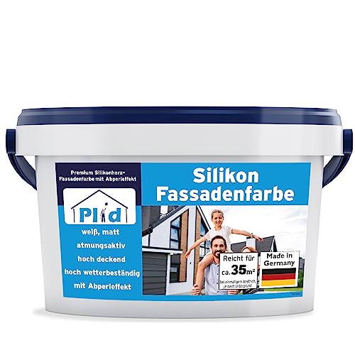 plid® Silikon Fassadenfarbe Weiss Aussen matt 5L - für Beton, Mauerwerk, Kellerwand, Fassade & Sockel - Wandfarbe Weiß 5l - Aussenfarbe Weiss wetterfest - Außenwandfarbe - Aussenfarbe Fassade von plid