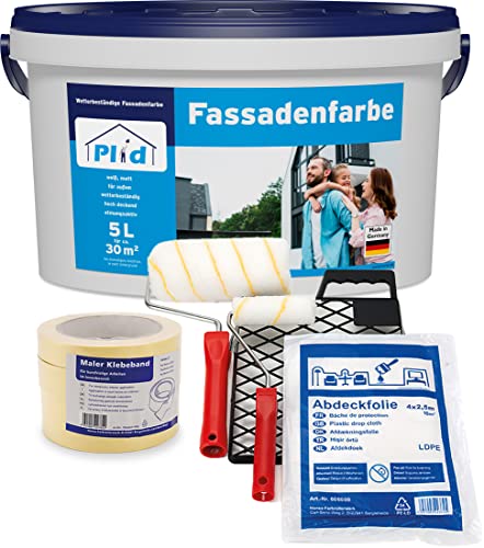 plid® - Fassadenfarbe Außen [WETTER & UV-BESTÄNDIG]- Hochwertige Farbe für Mauerwerk, Hauswand, Beton & Kellerwand - Sockelfarbe - Mauerfarbe - Wandfarbe Weiß & Grau - Made in Germany (5l - Set) von plid