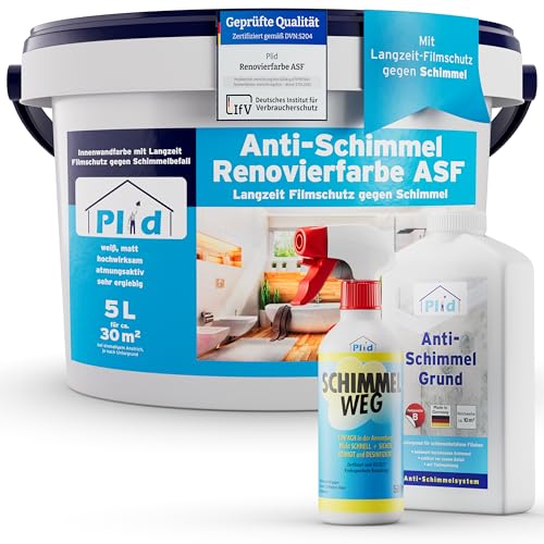 Plid® Anti Schimmel Renovierfarbe Innen Weiß 5L inkl. Spray + Grundierung [SANIER-SET] - Antischimmelfarbe für feuchte Räume, Bad & Küche - Wandfarbe weiß - Langzeitschutz gegen Schimmelbefall von Plid