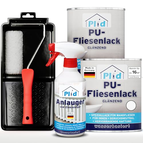 PLID® Fliesenfarbe Badezimmer & Küche [FEUCHTIGKEITSBESTÄNDIG] Fliesenlack Weiß Gläzend 1,5l fürs Bad - Fliesen neu streichen & lackieren im Innenbereich - 3in1 Fliesen Farbe Lack - Set von Plid
