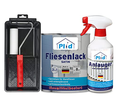 PLID® Fliesenfarbe Badezimmer & Küche [FEUCHTIGKEITSBESTÄNDIG] Fliesenlack Weiß satin 0.75l fürs Bad - Fliesen neu streichen & lackieren im Innenbereich - 3in1 Fliesen Farbe Lack - Made in Germany Set von plid