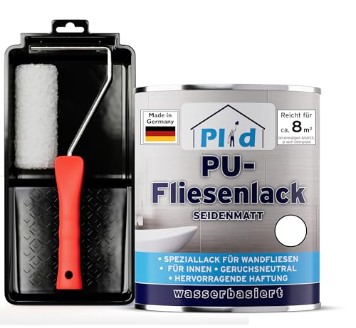 PLID® Fliesenfarbe Badezimmer & Küche [FEUCHTIGKEITSBESTÄNDIG] Fliesenlack Weiß satin 0.75l fürs Bad - Fliesen neu streichen & lackieren im Innenbereich - 3in1 Fliesen Farbe Lack - Made in Germany Set von plid