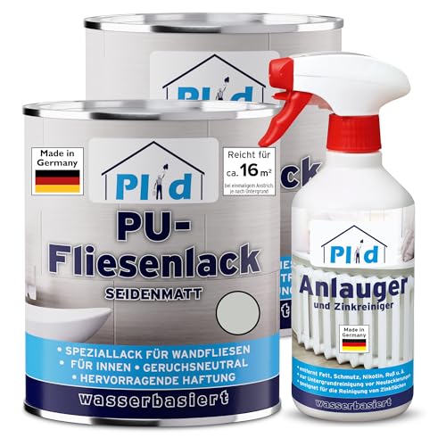 Plid® Fliesenfarbe Badezimmer & Küche [FEUCHTIGKEITSBESTÄNDIG] Fliesenlack Lichtgrau 1,5l fürs Bad - Fliesen neu streichen & lackieren im Innenbereich - 3in1 Fliesen Farbe Lack - Made in Germany Set von Plid