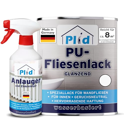 Plid® Fliesenfarbe Badezimmer & Küche [FEUCHTIGKEITSBESTÄNDIG]- Fliesenlack Weiß 0,75l fürs Bad - Fliesen neu streichen & lackieren im Innenbereich - 3in1 Fliesen Farbe Lack - Made in Germany Set von Plid