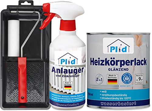 PLID® Heizkörperlack wässrig Thermolack Metalllack Heizkörperfarbe Lack Farbe für heizkörperverkleidung schnelltrocknend 2in1 hitzebeständig 120 Grad Blauer Engel Weiß 0,75l - Lackierset von plid