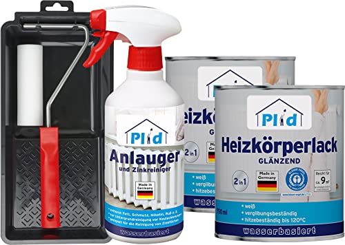 plid® Heizkörperlack wässrig Thermolack Metalllack Heizkörperfarbe Lack Farbe für heizkörperverkleidung schnelltrocknend 2in1 hitzebeständig 120 Grad Blauer Engel Weiß 1,5l - Lackierset von plid