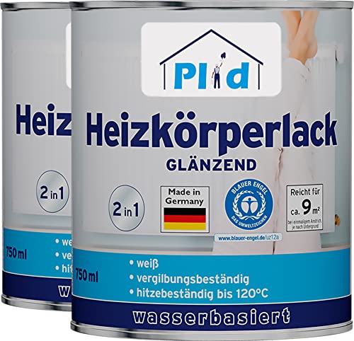 plid® Heizkörperlack wässrig Thermolack Metalllack Heizkörperfarbe Lack Farbe für heizkörperverkleidung schnelltrocknend 2in1 hitzebeständig 120 Grad Blauer Engel Weiß 1,5l von plid