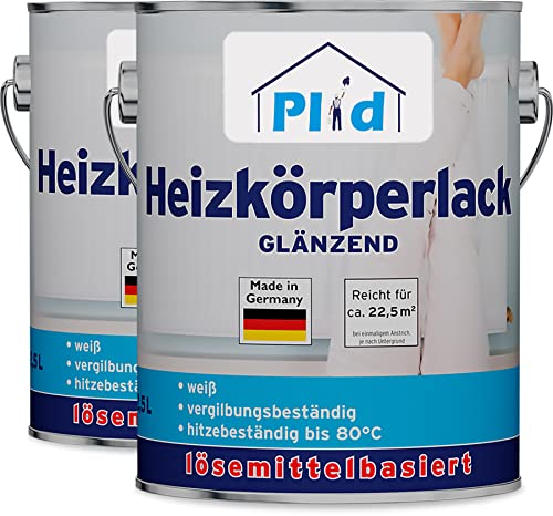 plid® Heizkörperlack lösemittelhaltig Thermolack Metalllack Heizkörperfarbe Lack Farbe für heizkörperverkleidung schnelltrocknend 2in1 hitzebeständig 80 grad Glänzend Weiß 5l von plid