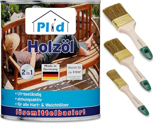 Plid® Holzöl Pflegeöl Holzschutz Imprägnieröl Gartenmöbel Teakholzöl Holzlasur Holzschutzöl Holzpflegeöl Holz Öl Außen zum Holzschutz für alle Hart- und Weichhölzer Farblos 1l - Pinselset von Plid