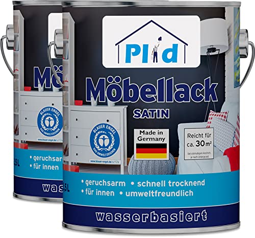 plid® Möbellack Satin 5L - Weiß - Holzfarbe außen & innen für Spielzeug- Holzlack Außen wetterfest - Holzschutzfarbe Aussen & Innen - Wetterschutzfarbe Holz Außen - Holzlasur - Farbe für Holz Außen von plid