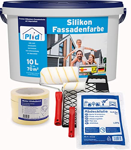 plid® Silikon Fassadenfarbe Weiss Aussen matt - für Beton, Mauerwerk, Kellerwand, Fassade & Sockel - Wandfarbe Weiß - Aussenfarbe Weiss wetterfest - Aussenfarbe Fassade (10l - Anstreichset) von plid