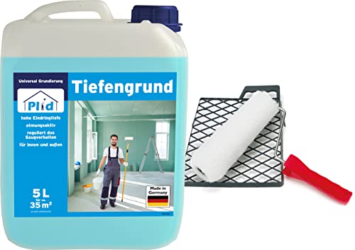 Plid® Tiefengrund bläulich 5L Set inkl. Anstreichset - Grundierung für Beton - Haftgrund für Fassadenfarbe - Vorbereitung für Rollputz & Farbe - Tapetengrund für Rauhfaser - universell einsetzbar Plid® Tiefengrund bläulich 5L Set inkl. Anstreichset - Grundierung für Beton - Haftgrund für Fassadenfarbe - Vorbereitung für Rollputz & Farbe - Tapetengrund für Rauhfaser - universell einsetzbar von Plid