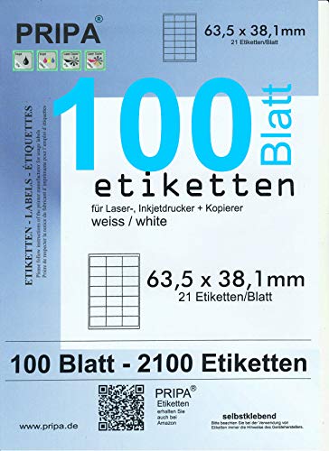pripa - Etiketten 63,5 x 38,1 mm - 21 Stueck auf A4-100 Blatt DIN A4 selbstklebende Etiketten - fuer Amazon FBA Versand DHL Post pripa - Etiketten 63,5 x 38,1 mm - 21 Stueck auf A4-100 Blatt DIN A4 selbstklebende Etiketten - fuer Amazon FBA Versand DHL Post von pripa
