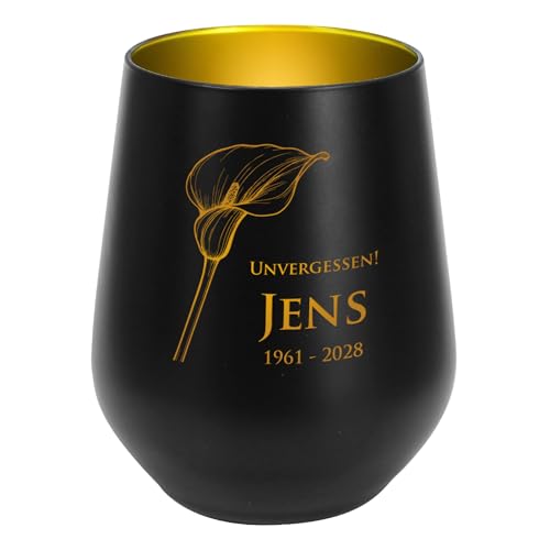 private grief® Personalisiertes Trauer Windlicht aus Glas mit Gravur – erhältlich in Schwarz und Weiß – gravierte Trauerkerze mit Name, Datum & Wunschtext (Calla, Schwarz) von private grief