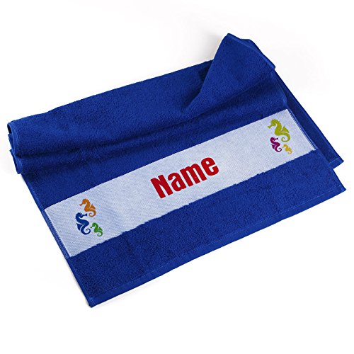 Herz & Heim® Handtuch 50 x 100 cm Seepferdchen mit Namensaufdruck Blau von Herz & Heim
