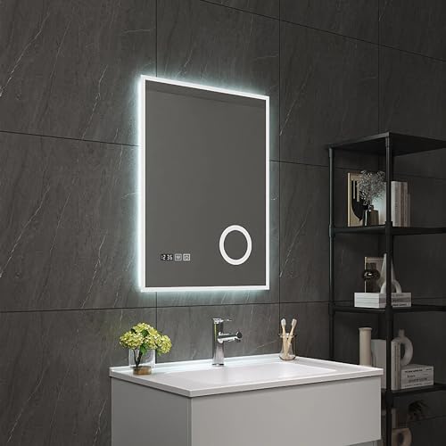 pro.tec LED Badspiegel Lizzano Wandspiegel mit Beleuchtung 3 Lichtfarben vertikal Schminkspiegel rechteckig 50 x 70 cm Weiß beschlagfrei Lichtspiegel von pro.tec