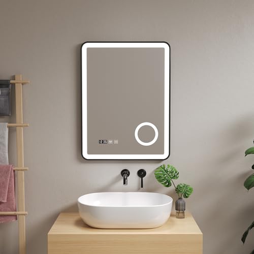 pro.tec LED Badspiegel Pescara Schminkspiegel mit Beleuchtung 3 Lichtfarben vertikal Wandspiegel für Badezimmer rechteckig 60 x 80 cm Schwarz beschlagfrei Lichtspiegel mit Lupe Uhranzeige von pro.tec