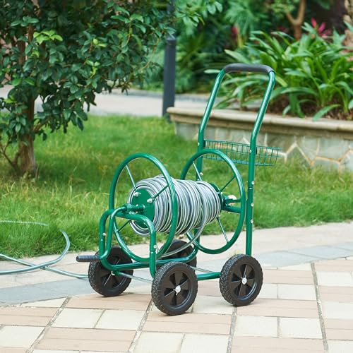 pro.tec Schlauchwagen Pescaza für 3/4 Zoll Schlauch bis zu 70 m Metall Gartenschlauchwagen ohne Schlauch Schlauchtrommel mit Reifen rollbar Schlauchaufroller mit Handkurbel 86 x 44 x 95 cm Grün von pro.tec